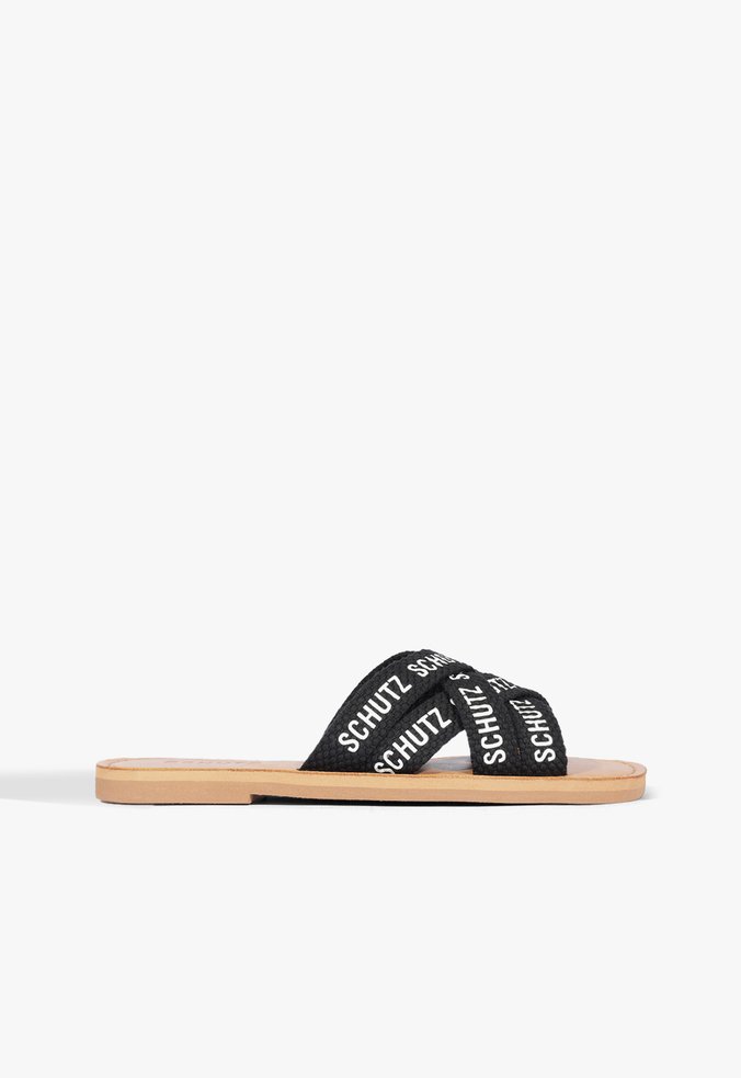 Sandália Rasteira X Schutz Logo Trama Preta