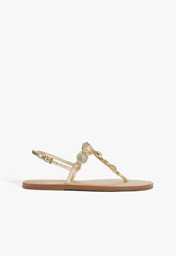 Sandália Rasteira Brilho Couro Dourada