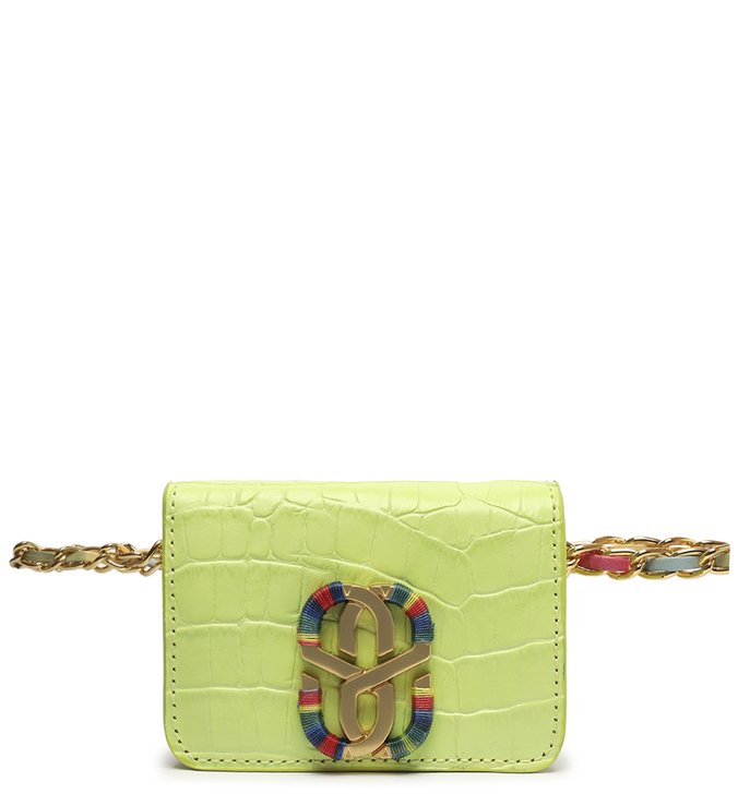 Pochete Rainbow Couro Croco Corrente Verde Neon