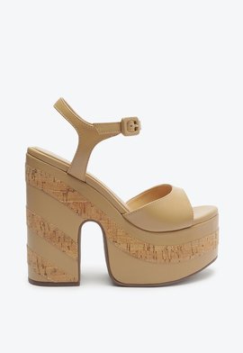 Sandália Salto Alto Plataforma Couro Cortiça Bege