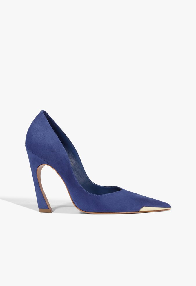 Scarpin Lexi Biqueira Metal Salto Alto Couro Azul