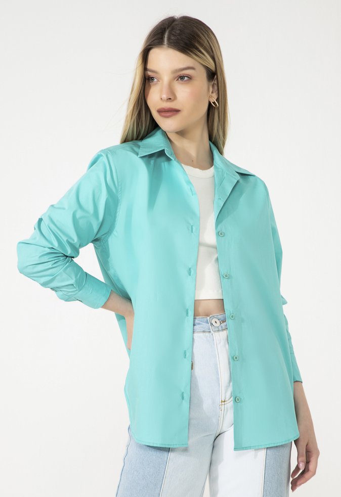 Camisa Boyfriend Gabriela Tricoline Azul