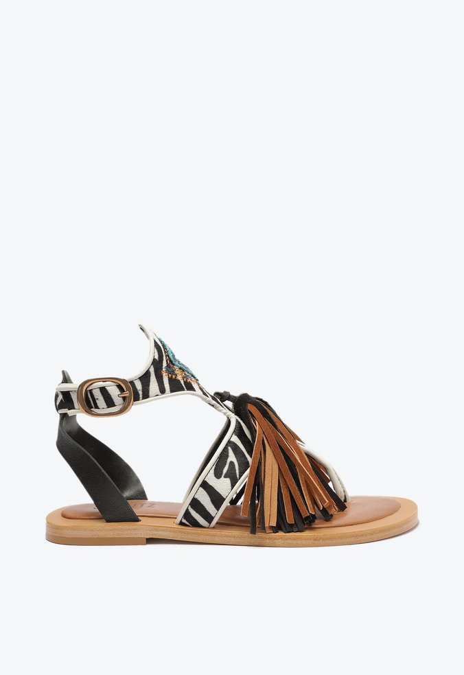Sandália Rasteira Boho Franjas Zebra
