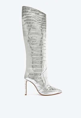 Bota Over The Knee Couro Croco Metalizado Prateada