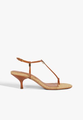 Sandália Salto Kitten Elsha Couro Ráfia Marrom