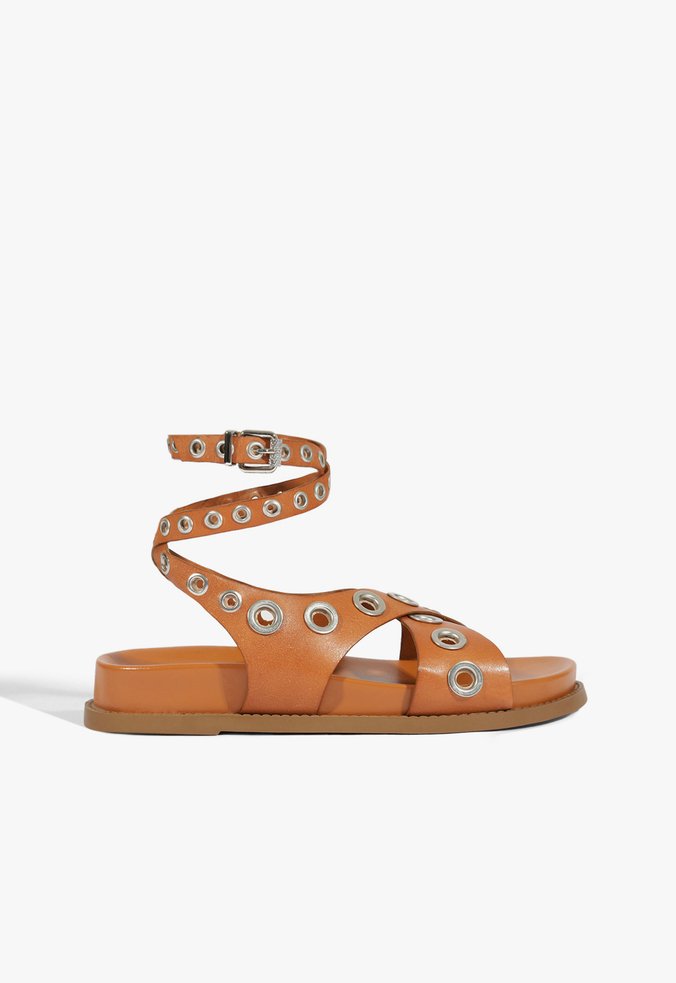 Sandália Papete Fresh Boho Couro Ilhóses Marrom