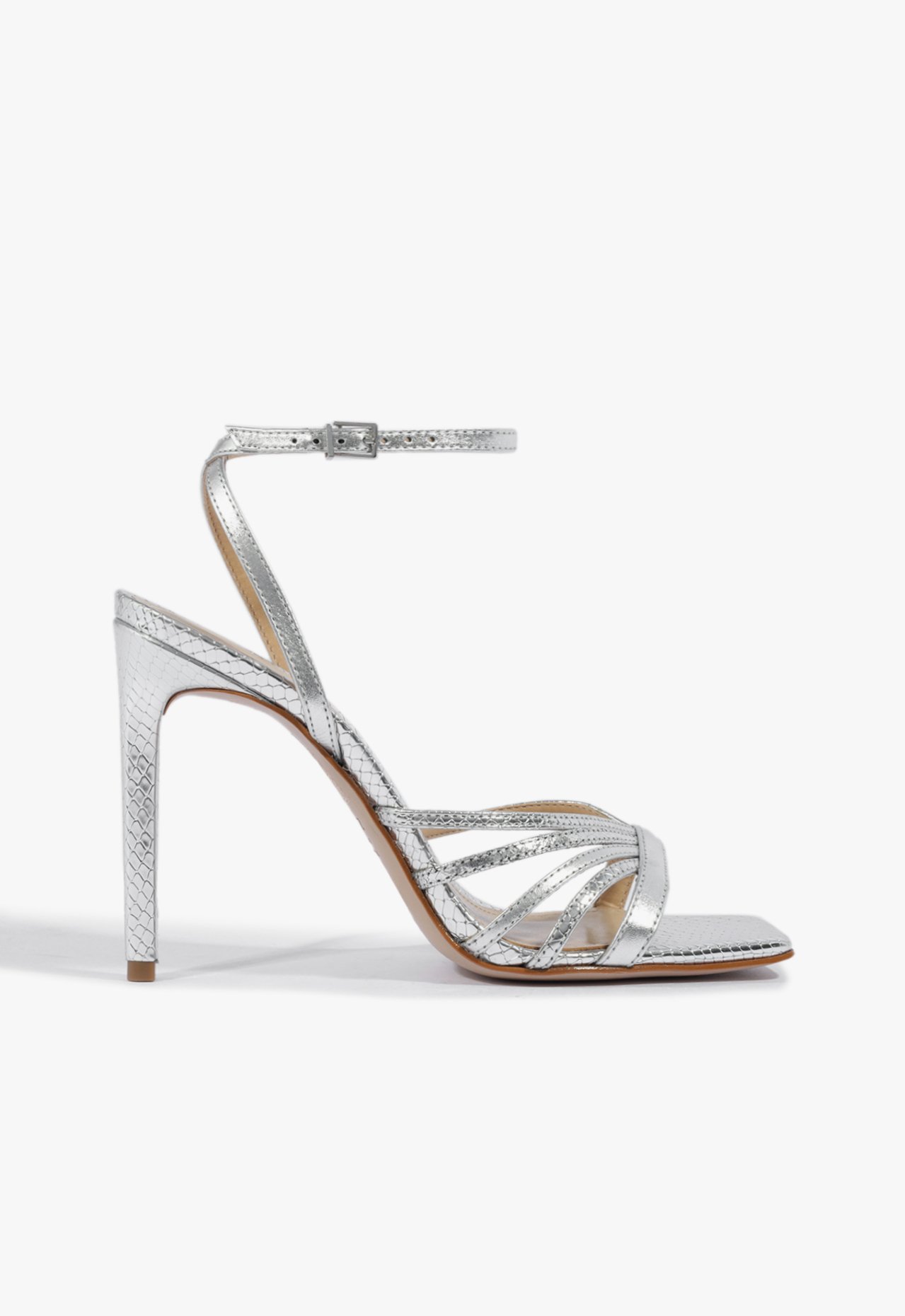 Sandália Salto Alto Tiras Metalizada Prateada | Schutz