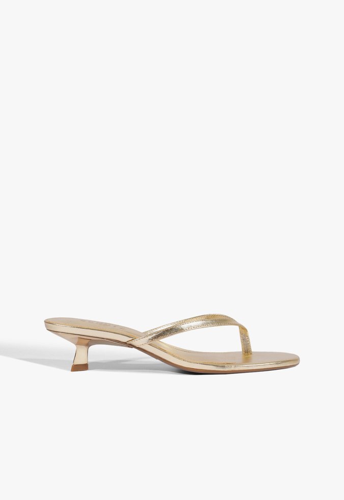 Sandália Tiras Salto Baixo Couro Metalizado Dourado
