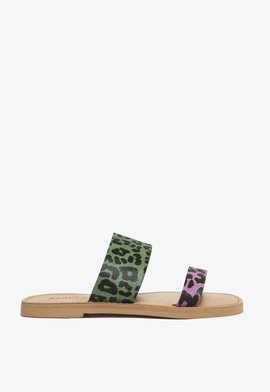Sandália Rasteira Slide Couro Animal Print Verde e Roxa