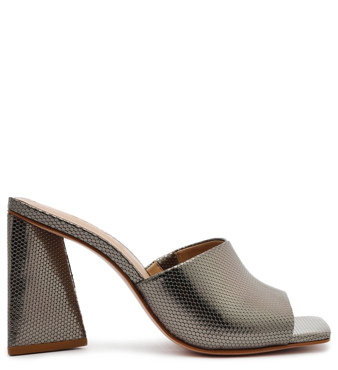 Sandália Mule Salto Triangle Lizah Couro Prata