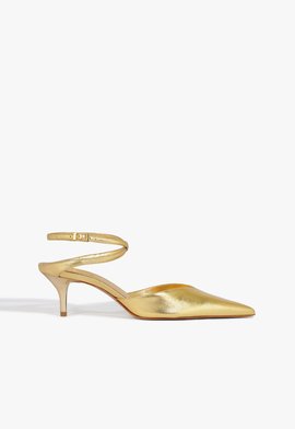Sapato Scarpin Salto Médio Tiras Couro Dourado