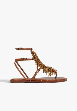 Sandália Rasteira Couro Miçangas Marrom