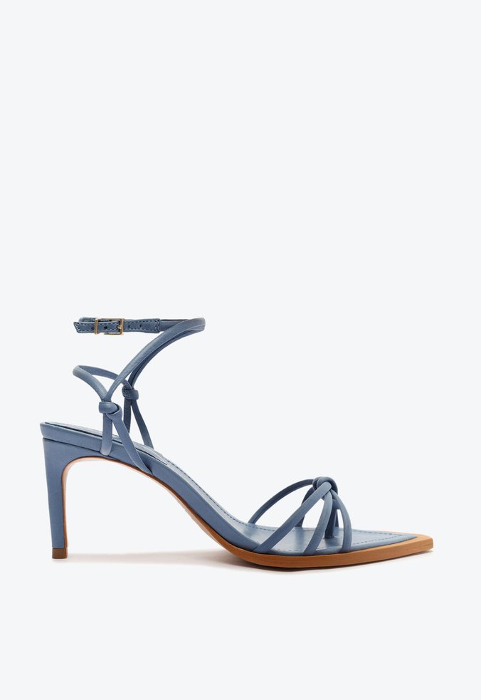 Sandália Salto Médio Bico Fino Couro Tiras Azul