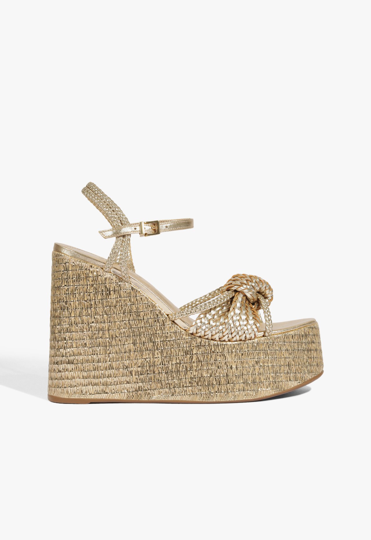 Sandália Anabela Meia Pata Couro Trama Dourada | Schutz