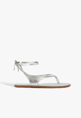 Sandália Rasteira Couro Amarração Prata