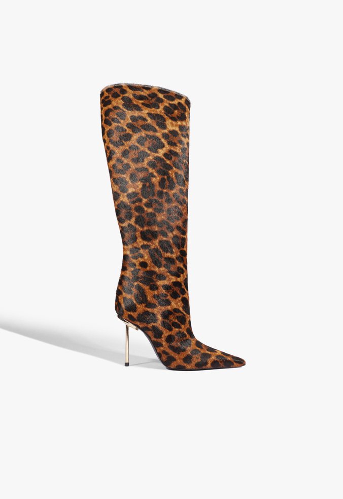 Bota Cano Longo Pin Heel Couro Animal Print