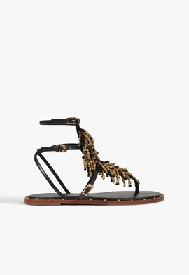 Sandália Rasteira Couro Miçangas Preta