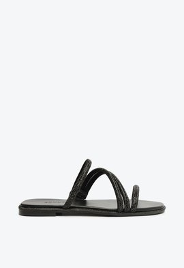 Sandália Rasteira Tiras Cristais Preta