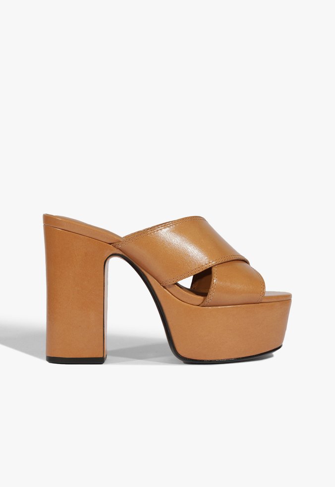 Sandália Plataforma Salto Alto Couro Bege