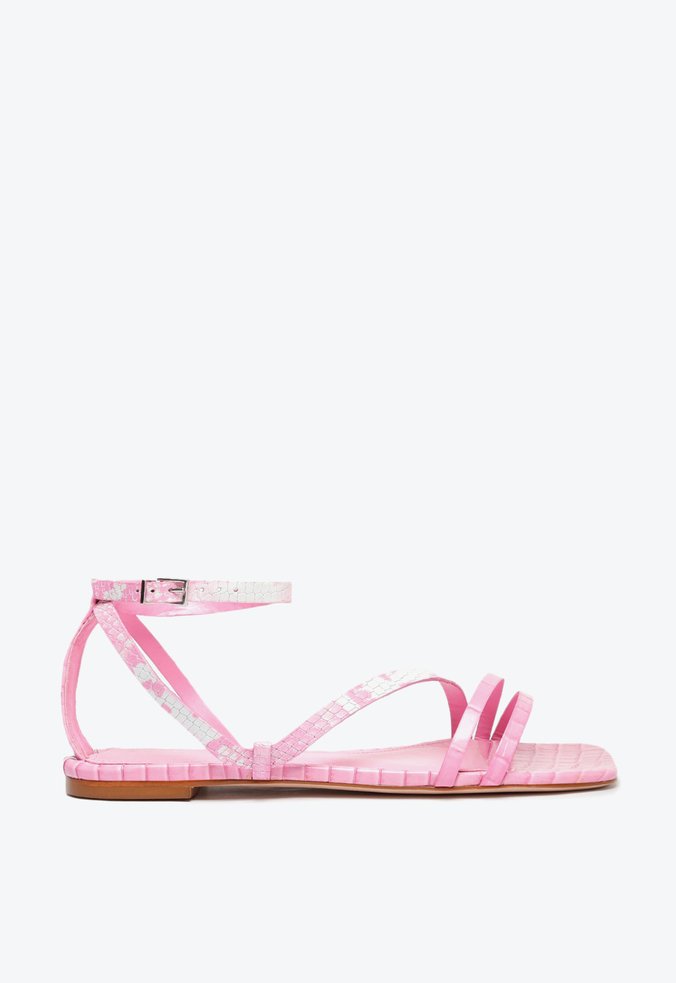 Sandália Rasteira Croco Snake Tiras Rosa