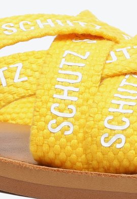 Sandália Rasteira de X Logo Schutz Trama Amarelo