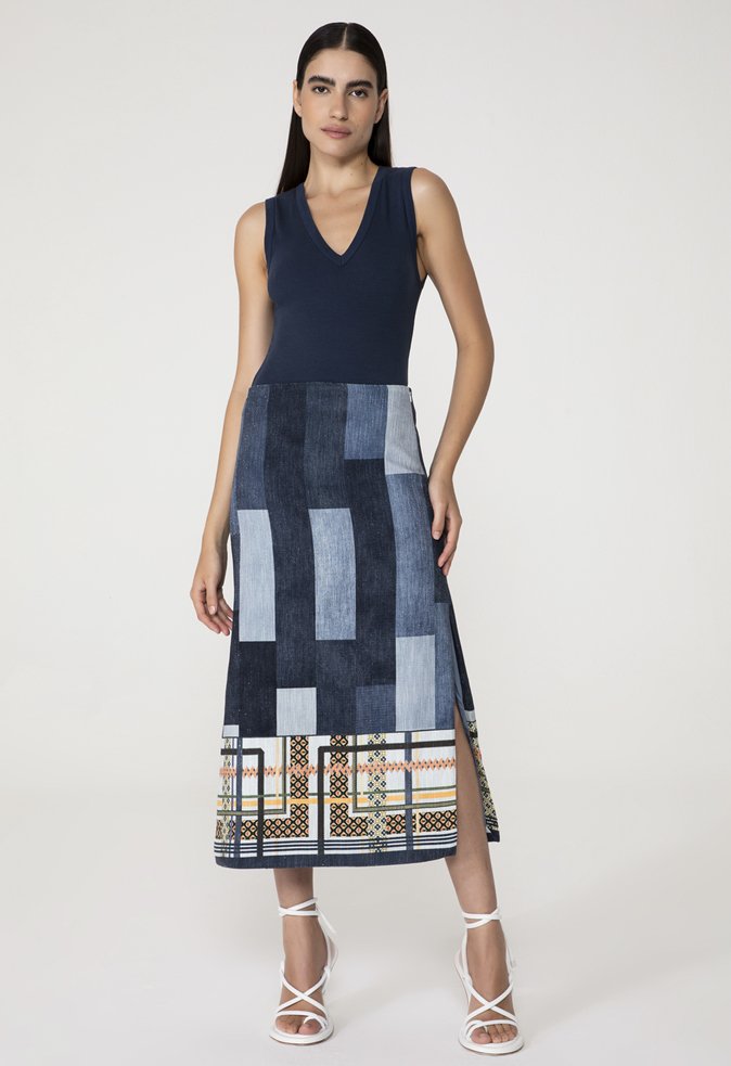 Saia Midi Milena Azul Tapeçaria Saia Midi Milena Azul Tapeçaria