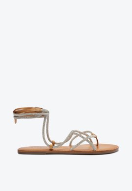 Sandália Rasteira Brilho Amarração Bege