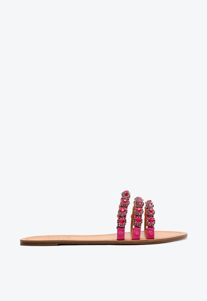Sandália Rasteira Slide Couro Pedraria Rosa