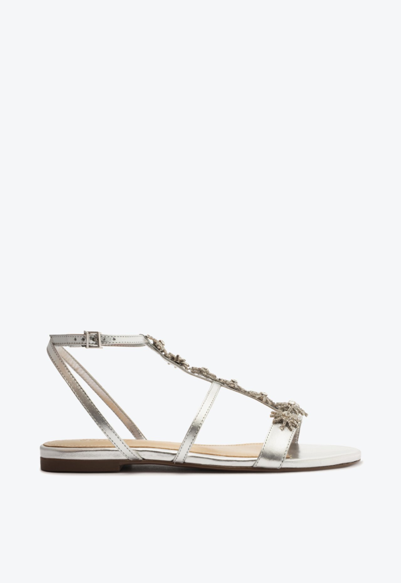 Sandália Rasteira Couro Flores Prata | Schutz