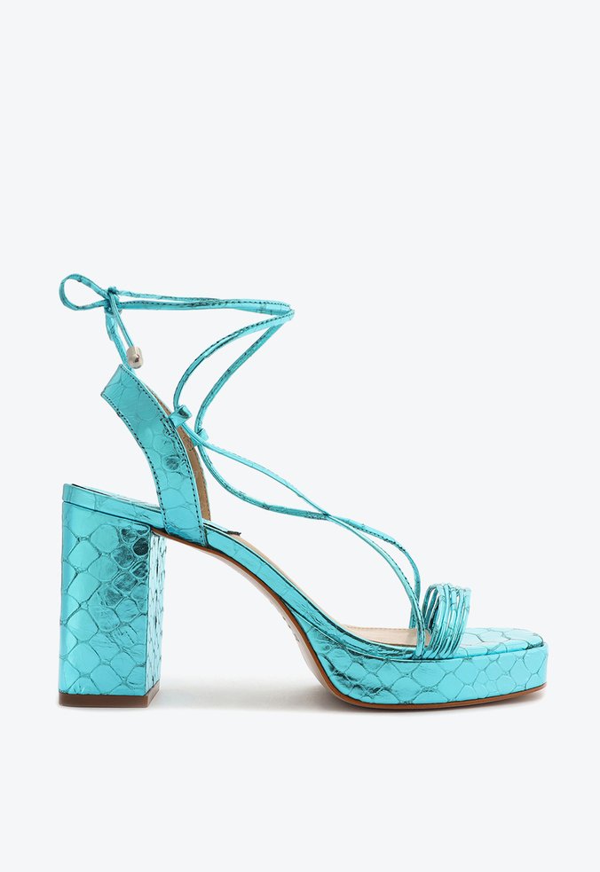 Sandália Meia Pata Couro Croco Metalizada Azul
