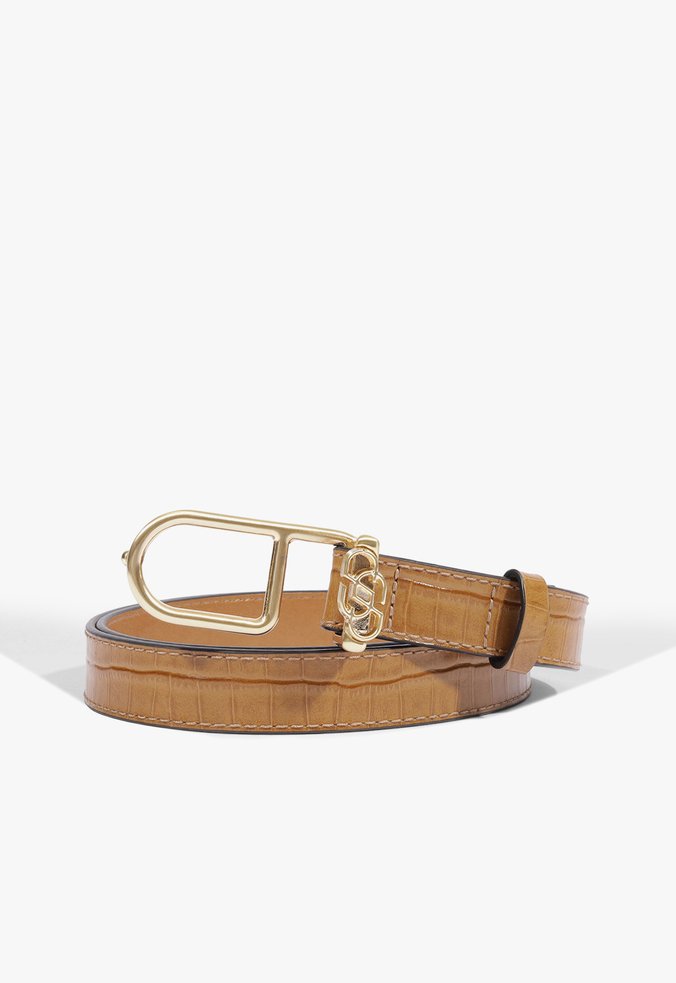 Cinto Fino Fivela Croco Marrom Claro