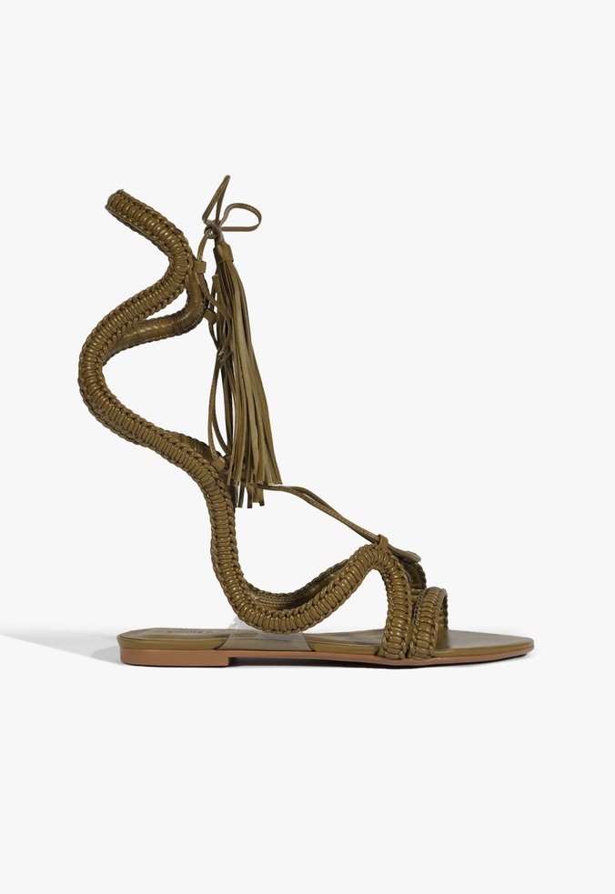 Sandália Rasteira Lace Couro Verde Militar