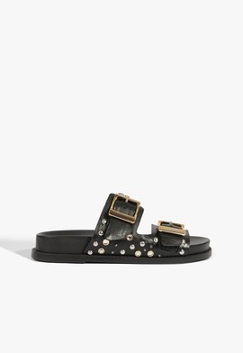 Papete Slide Couro Tachas Preta