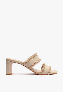 Tamanco Salto Médio Linho Franjas Bege