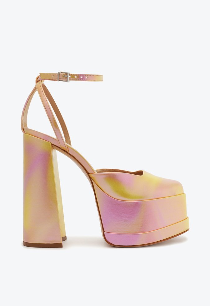 Sapato Scarpin Meia Pata Luan Couro Rosa e Amarelo