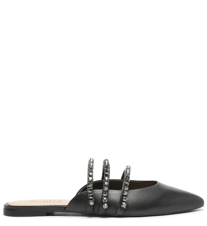 Sapato Mule Rasteira Couro Cristais Preto Sapato Mule Rasteira Couro Cristais Preto