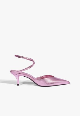 Sapato Scarpin Salto Médio Tiras Couro Rosa Metalizado