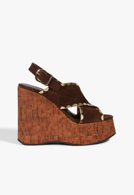 Sandália Anabela Couro Suede X Marrom