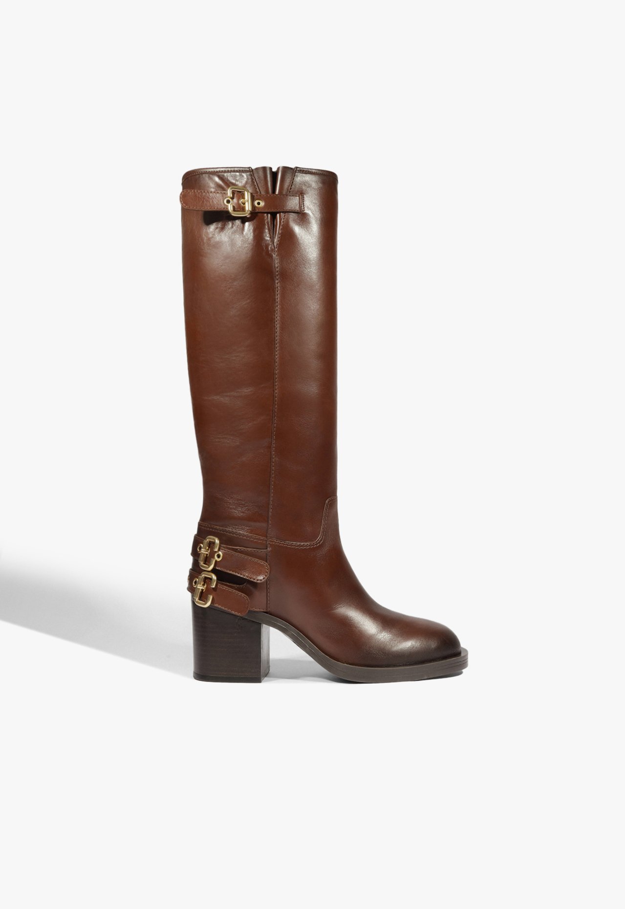 Vista 2 Bota Cano Longo Salto Bloco Couro Schutz Marrom Marrom