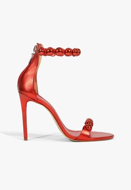 Sandália Salto Alto Circe Couro Tachas Vermelha Metalizada