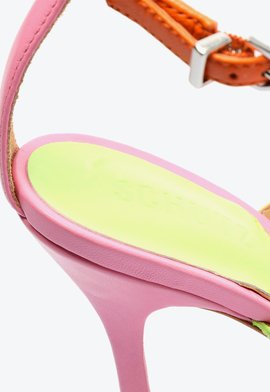 Sandália Salto Alto Taça Couro Colorida Neon e Pink
