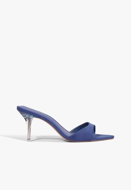 Sandália Salto Fino Bico Folha Couro Azul