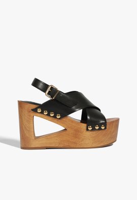 Sandália Anabela Madeira Couro Preta