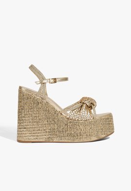 Sandália Anabela Meia Pata Couro Trama Dourada