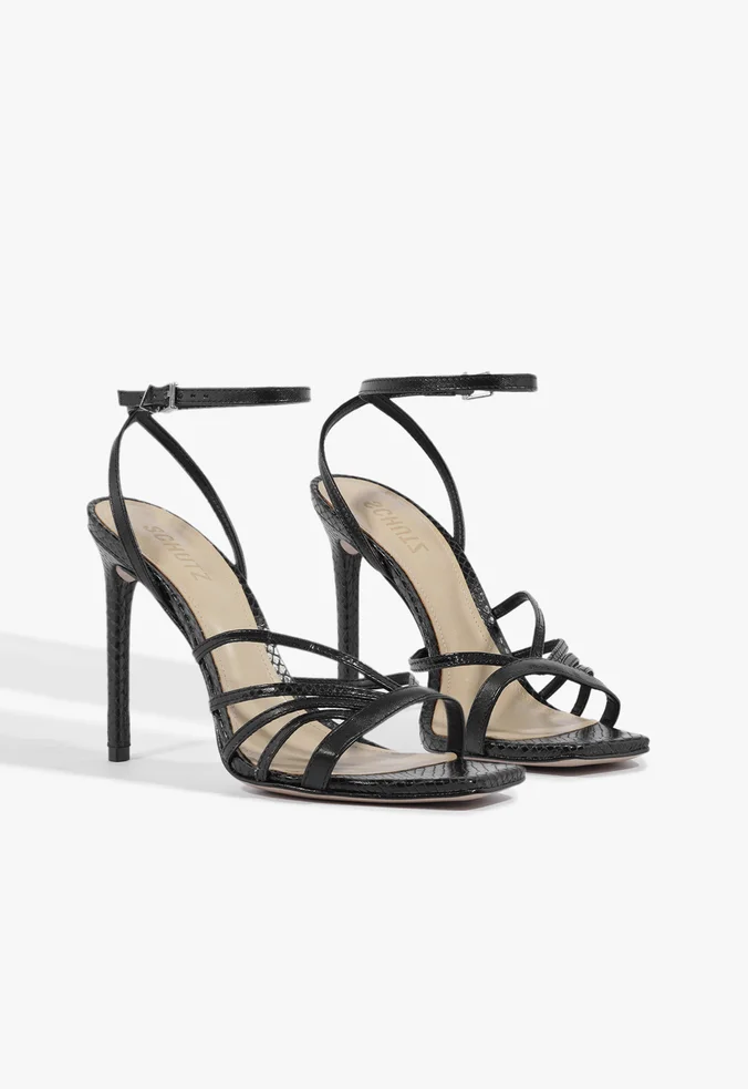Sandália Salto Alto Tiras Couro Croco Preta | Schutz