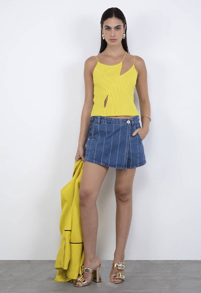 Short Saia Jeans Magnolia Risca de Giz Azul