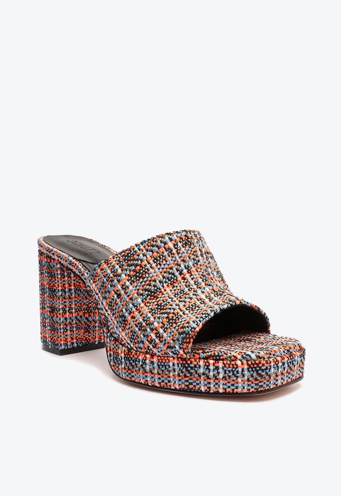 Sandália Mule Salto Bloco Médio Tecido Tweed Colorida Sandália Mule Salto Bloco Médio Tecido Tweed Colorida
