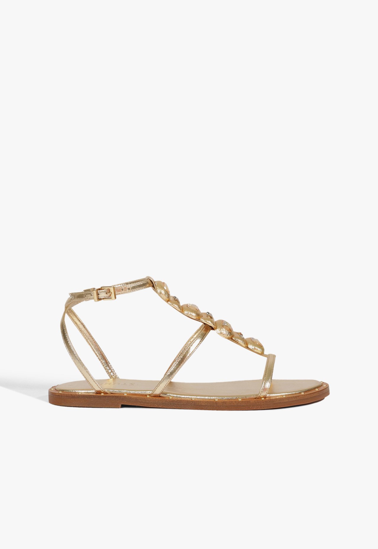 Sandália Rasteira Couro Tachas Dourada | Schutz