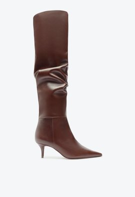 Bota Over the Knee Couro Salto Baixo Marrom