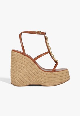 Sandália Anabela Couro Tachas Marrom